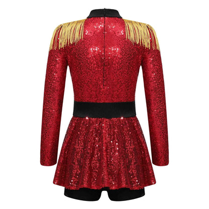 Girls Circus Costume Ringmaster Jumpsuit Shiny Sequins Long Sleeve Tassel Epaulet Leotard Dress for Halloween Fancy Outfit