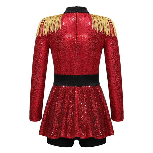 Girls Circus Costume Ringmaster Jumpsuit Shiny Sequins Long Sleeve Tassel Epaulet Leotard Dress for Halloween Fancy Outfit