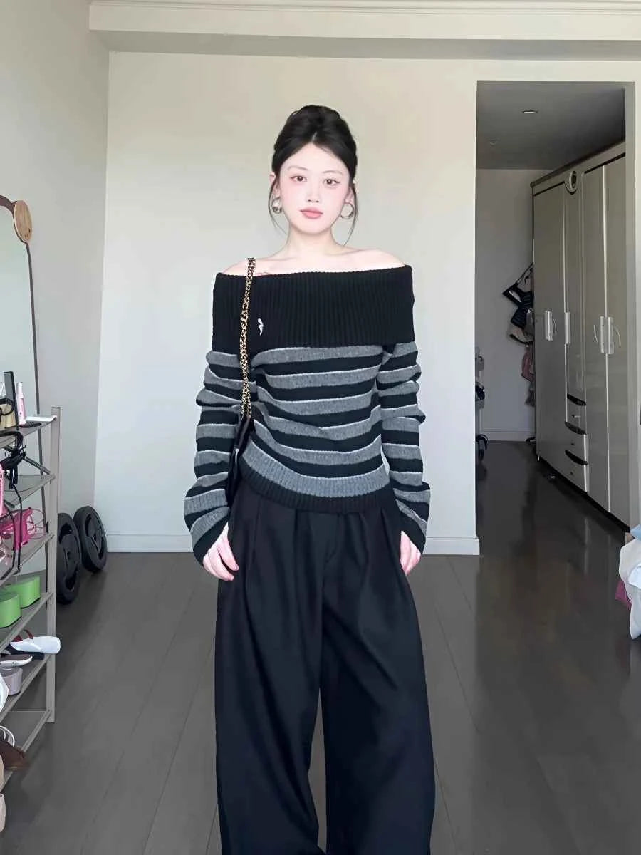 2025 Autumn Winter Women Long Sleeve Slash Neck Striped Cuddly Sweater Knitwear 2000s Jumper Gyaru Coquette Korean Fashion New