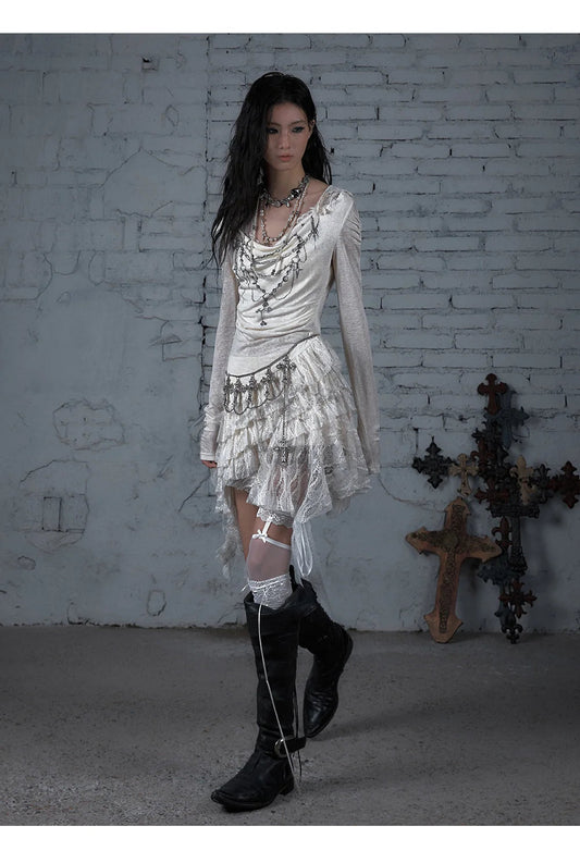 NO ROMANCE Fairy Sexy Punk Printing Half Transparent Lace Patch Knitted Long Sleeve Hooded Dresses Rock Gothic Design Vestidos SS69