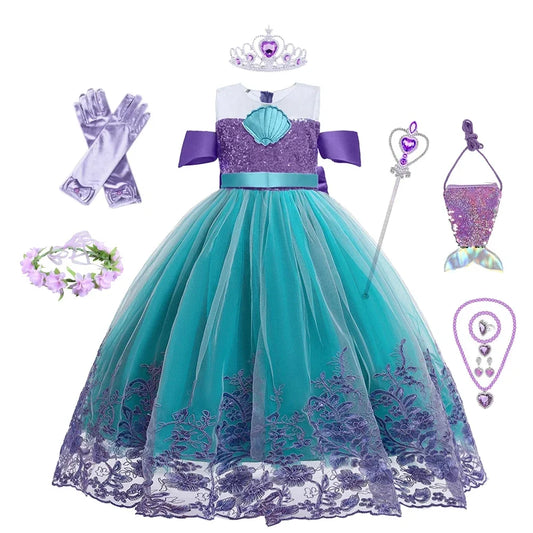 Supertaro Chen Ariel Princess Cosplay Dress for Girls, Floral Mesh Ball Gown