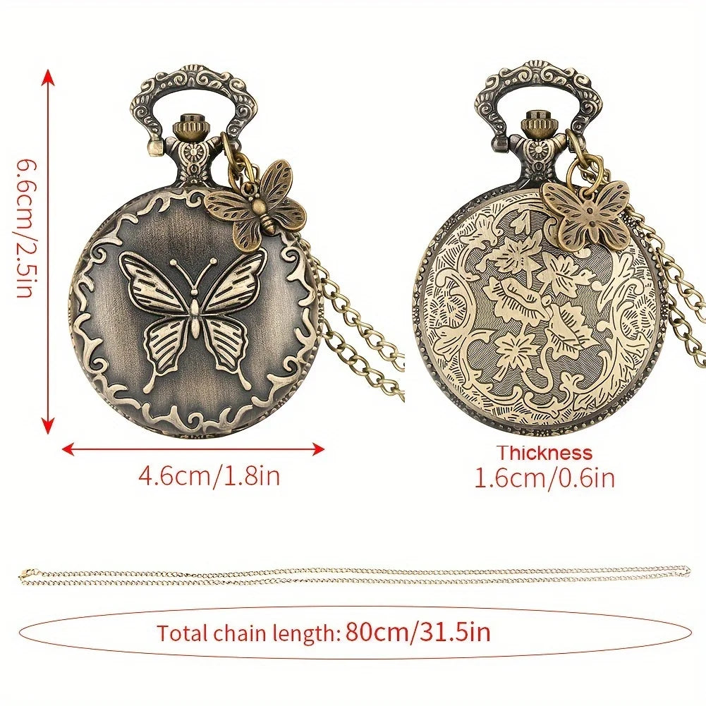 Vintage Cute Butterfly Pattern With Necklace Chain Pocket Watch Gift SS69