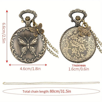 Vintage Cute Butterfly Pattern With Necklace Chain Pocket Watch Gift SS69