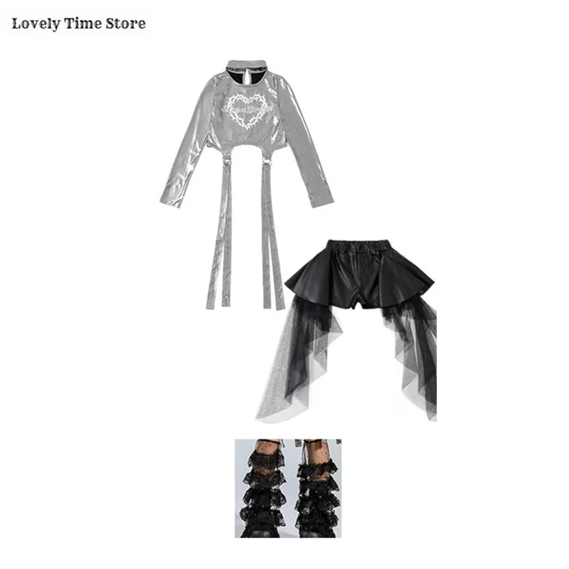 Girls Silver Shiny Crop Top and Ribbon Skirt Hip Hop Dance Streetwear Set