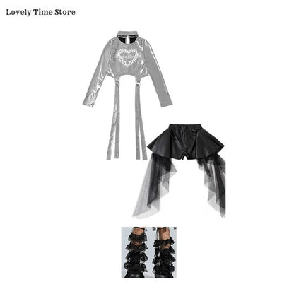 Girls Silver Shiny Crop Top and Ribbon Skirt Hip Hop Dance Streetwear Set