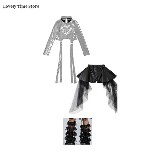 Girls Silver Shiny Crop Top and Ribbon Skirt Hip Hop Dance Streetwear Set