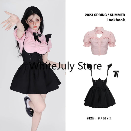 Summer Kawaii Clothing Pink Y2k Crop Tops Blouse + Black Mini Dress Two Piece Set for Women Casual Bodycon Korean Suit Chic SS69