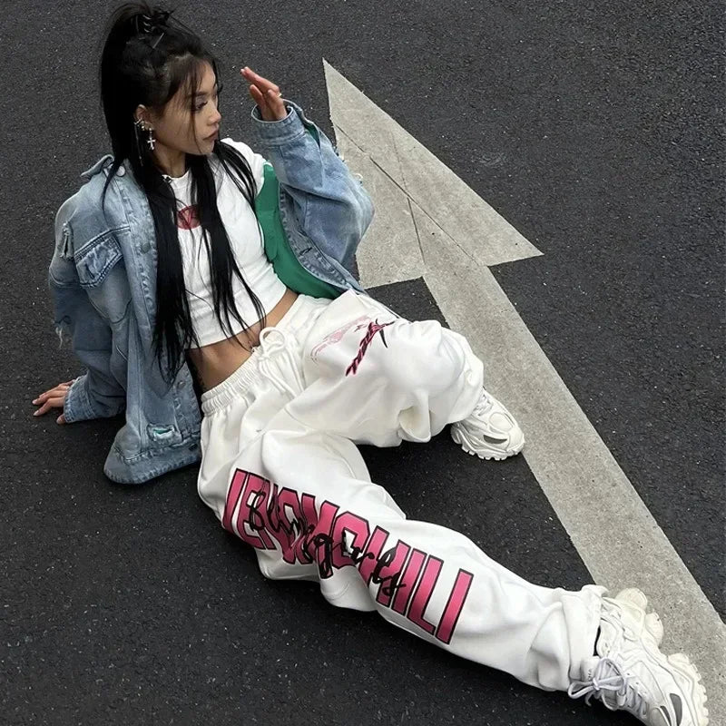 Korean Y2K Streetwear White Jogging Sweatpants Women Harajuku Sports Pants Oversized Hip Hop Letter Wide Leg Trousers - SS69