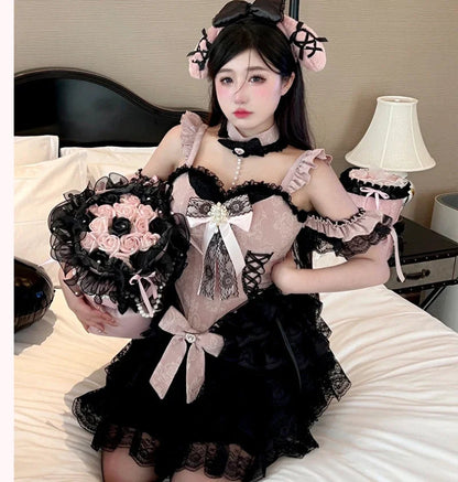 2024 New Spring Summer Ladies Exquisite Lace Skirt Suit Lolita Sweet Womens Black Pink Bow Tube Top Sling Short Cake Skirt Set SS69