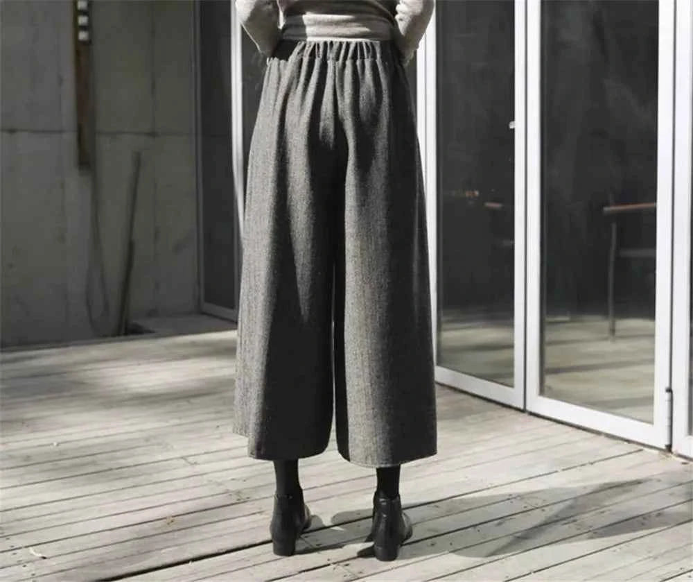Loose Woolen Wide Leg Skirts Pants Women Pleated Casual Pants Winter Autumn Straight Trousers Elastic High Waist Fat Leg Pants