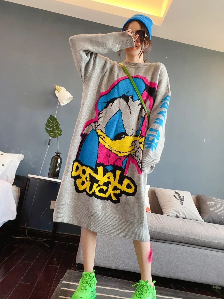 Korean Long-Sleeved Pullover Sweater Loose Fashion Women Autumn Winter Cartoon Embroidered Thickened Long Section Knitted Top SS69