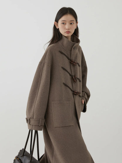 CHIC VEN Women Long Woolen Coats Single Breasted Loose Stand Collar Cow Horn Buttoned Office Ladies Overcoat Autumn Winter 2026