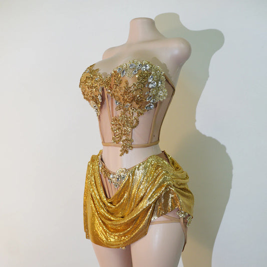 Draped sequins Skirt 2 Piece Women Gold Rhinestone Corset Outfit Sparkly Crystal Stage Costume Club Party Bar Performance Dance