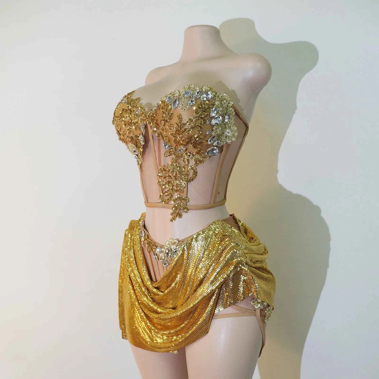 Draped sequins Skirt 2 Piece Women Gold Rhinestone Corset Outfit Sparkly Crystal Stage Costume Club Party Bar Performance Dance