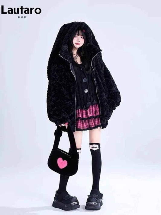 Lautaro Autumn Winter Sweet Cute Lovely Warm Thick Soft Black Faux Fur Coat Women Bunny Ears Fuzzy Fluffy Jacket Hoodie 2023