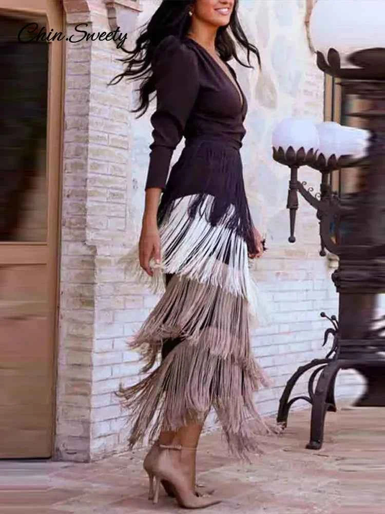 Women Stacked Tassel Maxi Dress Elegant Deep V Neck Full Sleeve Slim Fit Long Gowns Lady New Evening Party Fashion Robes 2025