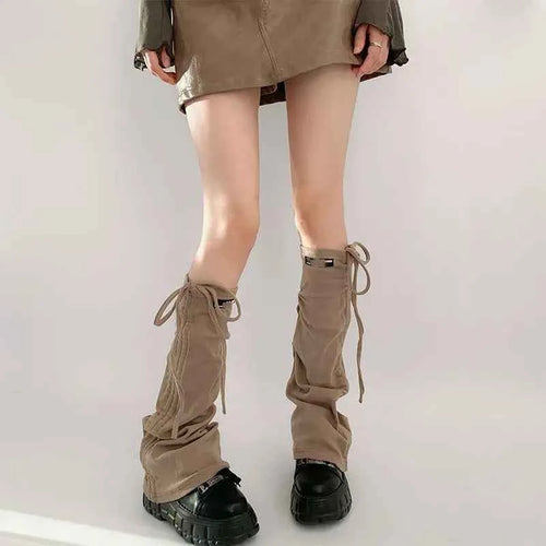 SS69 Y2K Knit Flare Leg Warmers with Adjustable Drawstring Strap, Grey