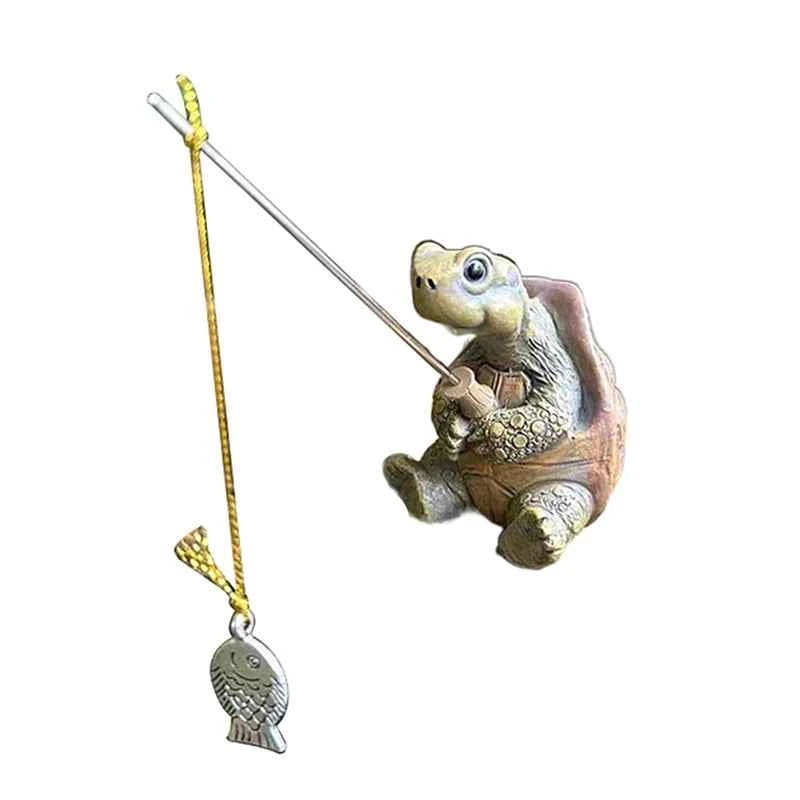 Creative Rope Fishing Turtle Statue Cute Simulation Turtle Resin Figurine Animal Sculpture Ornament Outdoor Home Garden Decor