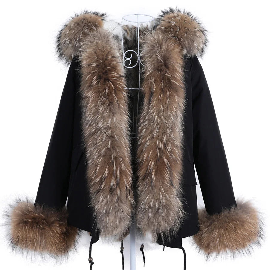 Maomaokong Winter Women Parka Cotton Jacket Real Fur Coat Natural Fox Fur Hooded Rabbit Fur Liner Thick Warm Outerwear Female