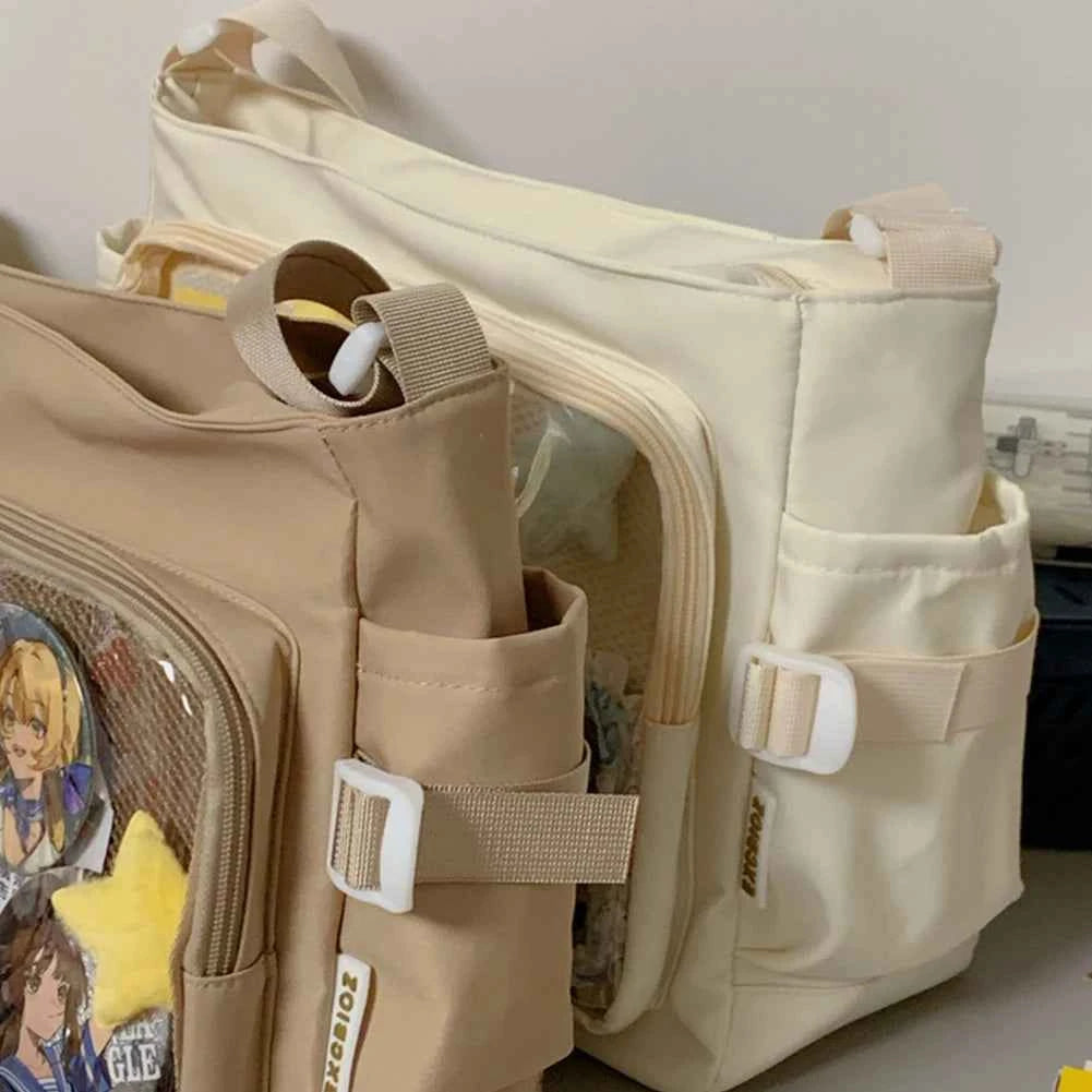 Women Ita Bag Japanese Style Shoulder Purse with Clear Window Cartoon Book Bag Multi-pockets Adjustable Strap Trendy Outdoor Bag