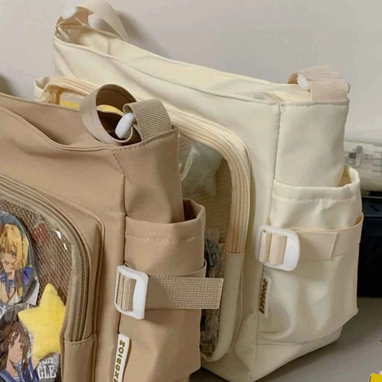 Women Ita Bag Japanese Style Shoulder Purse with Clear Window Cartoon Book Bag Multi-pockets Adjustable Strap Trendy Outdoor Bag