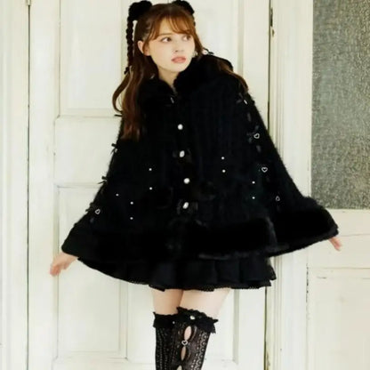Godivana Lolita Faux Rabbit Fur Cape, Batwing Sleeve Hooded Jacket