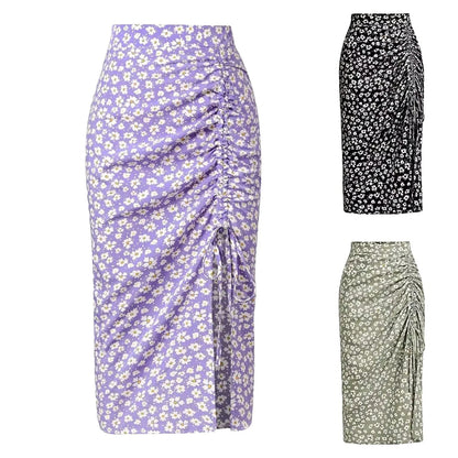 Women's Summer Vacation Little Floral Print Splits Bodycon Skirt Elegant Sexy Drawstring Ruched Bohemian Beach Midi Skirs SS69