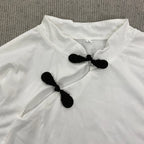 Women's Beige Chinese Style Cheongsam Blouse Vintage Mandarin Collar Short Sleeve Crop Top with Frog Button Keyhole Asymmetrical