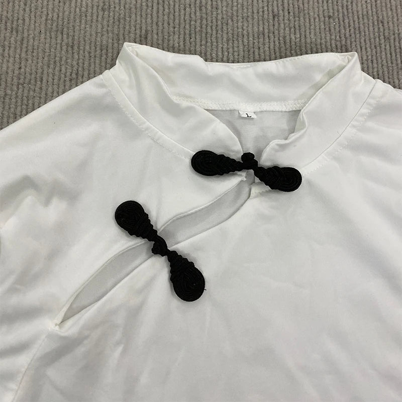 Women's Beige Chinese Style Cheongsam Blouse Vintage Mandarin Collar Short Sleeve Crop Top with Frog Button Keyhole Asymmetrical