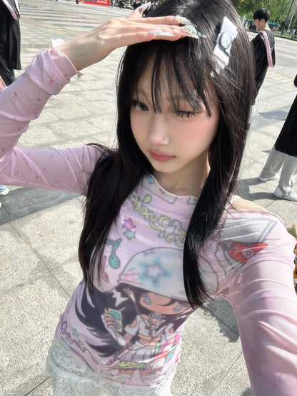 Karrram Japanese Y2k Anime Print Mesh Tops 2000s Aesthetics Pink Sheer Top Vintage Harajuku Kawaii See Through T-shirt Lolita SS69