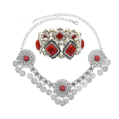 Traditional Kazakhstan Ethnic Coins Bracelet Hair Accessories  for Women Vintage Nepalese Tibetan Clothing Headwear Jewelry Set