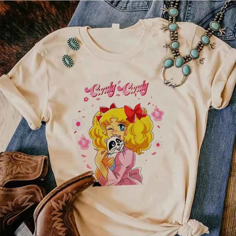 90s Kawaii Candy Candy Anime Summer Top Tshirt Femen Print T Shirt Grunge Anime Manga T Shirt Top Tees Graphic Aesthetic