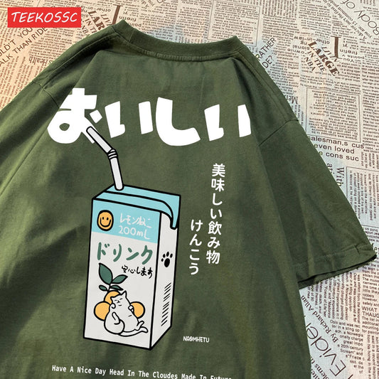 Cute Japanese Cat Print Oversized T-shirt Women Men Short Sleeve Loose Casual Tee Shirt Streetwear Tops Cotton Harajuku Clothing SS69 12.69 Dark Green / XL