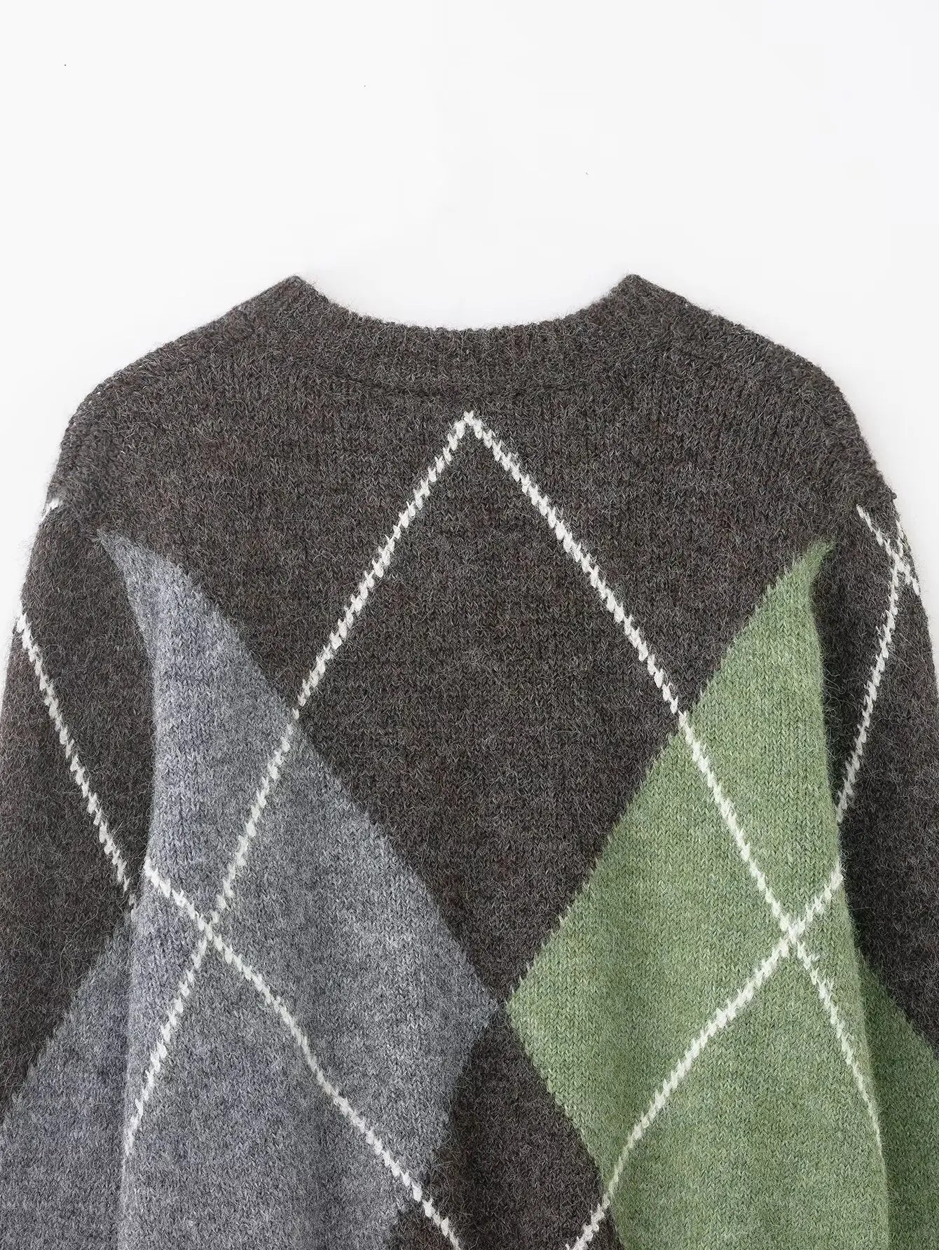 HH 2026 Spring Sweater For Women Elegant Fashion Diamond Plaid Knitted Pullover Sweater Loose Oversized High Street Lady Tops
