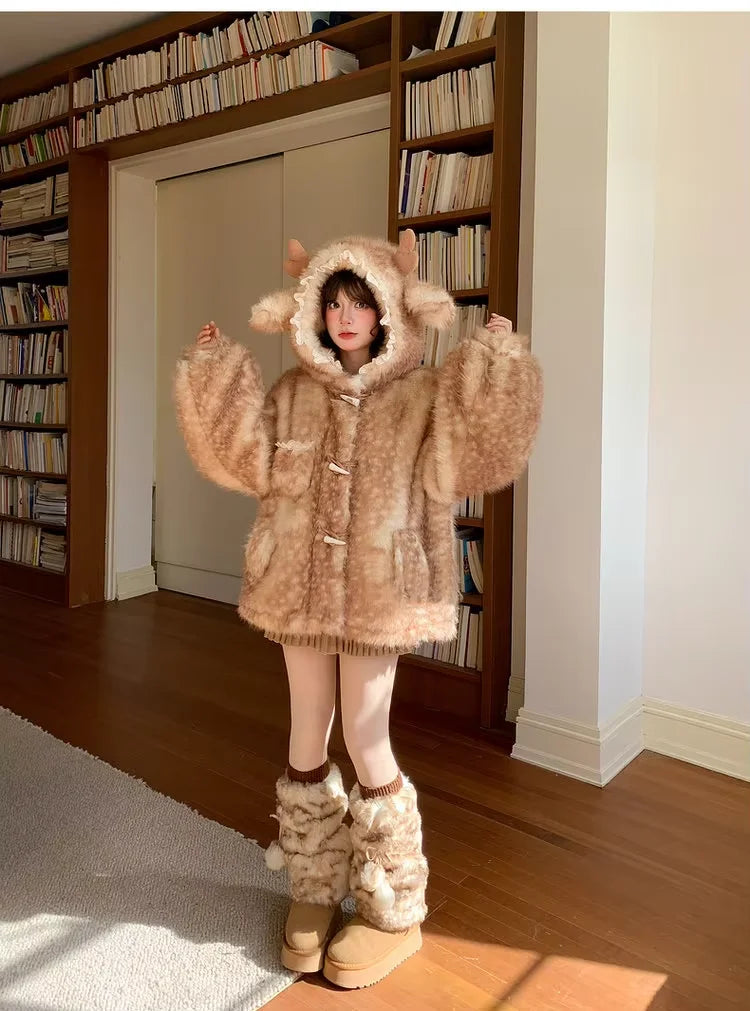 Lautaro Autumn Winter Thick Warm Sweet Cute Lace Patchwork Faux Fur Coat Hoodie Women with Deer Ears Horn Buttons Fluffy Jacket