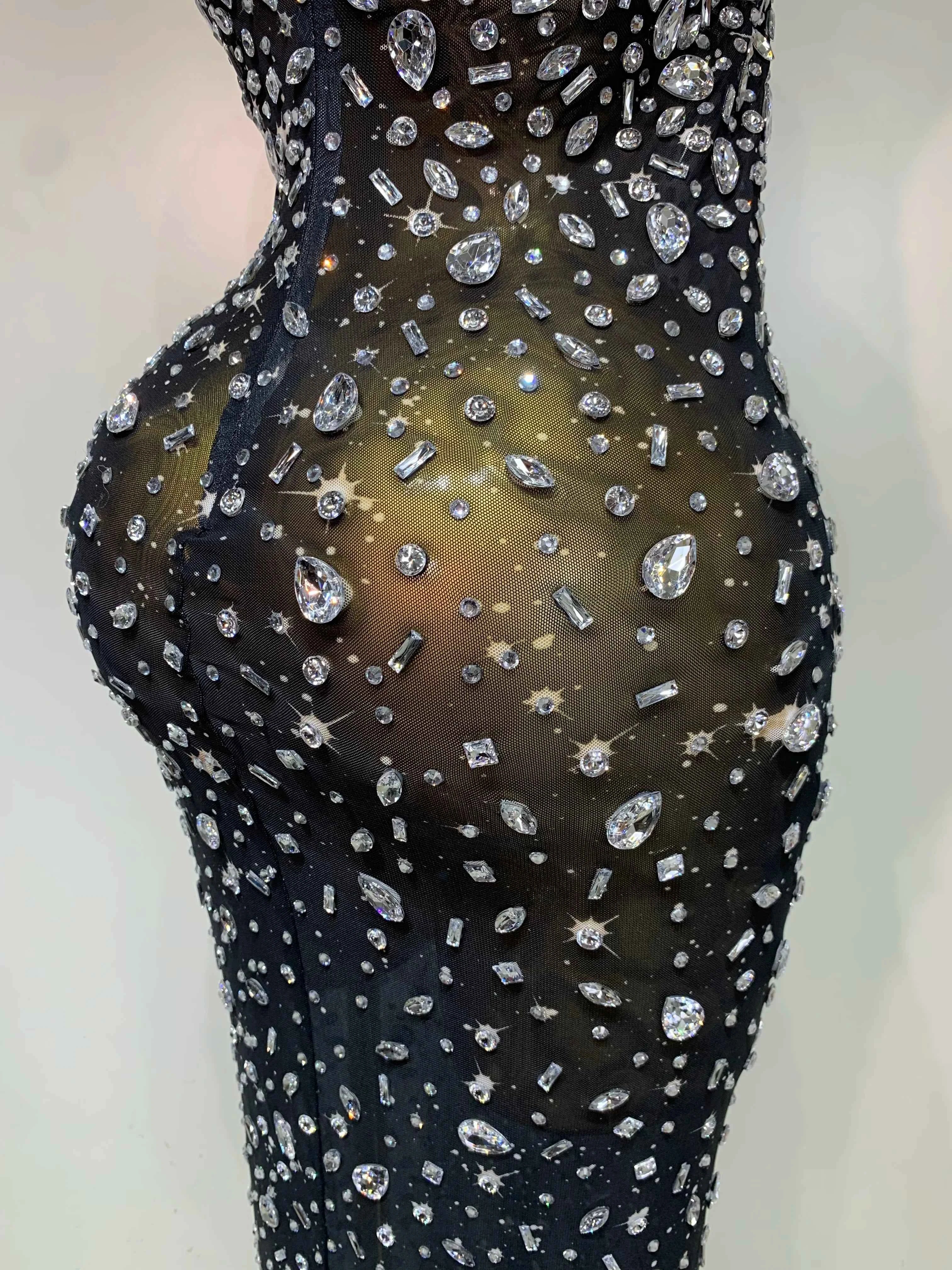 Luxury Rhinestones Sexy Mesh See Through Bodycon Dress Women Birthday Evening Cocktail party Gown Red Carpet Club Stage Outfit