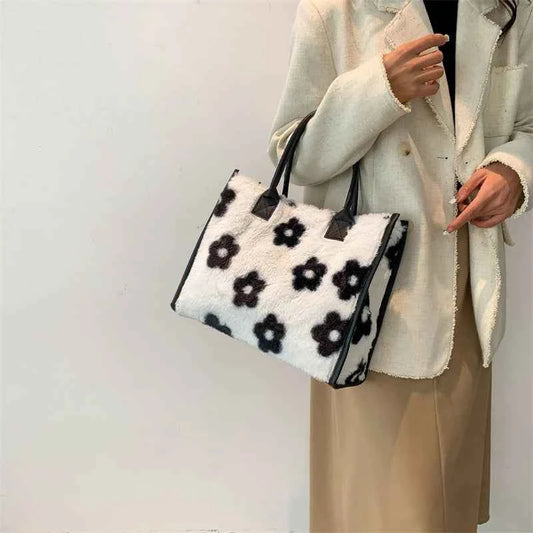 Winter Faux Fur ,Leopard Print Designer Shopper Totes, Fashion Soft Plush Women Shoulder Bags, Large Capacity Handbags and Purse