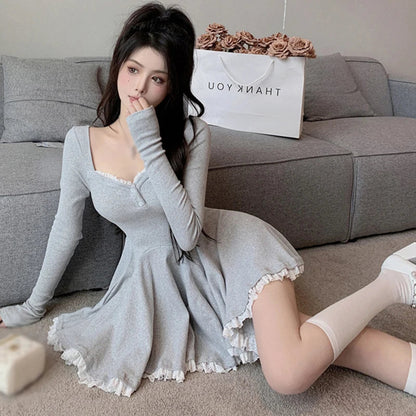 Women Sexy Korean Dress French Style Waist Closed Long Sleeve Collarbone Exposed Sweet SS69