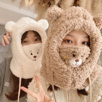 Winter Cartoon Hat With Mask Bear Lamb Beanie Hats Warm Thickened Ear Protection Skullies Beanies for Women Girl Kawaii SS69