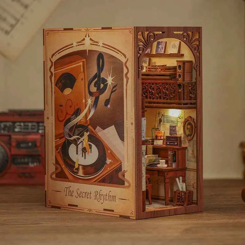CUTEBEE DIY Book Nook Miniature Dollhouse Booknook with Touch Light Dust Cover Bookshelf Insert for Decor Gifts Secret Rhythm