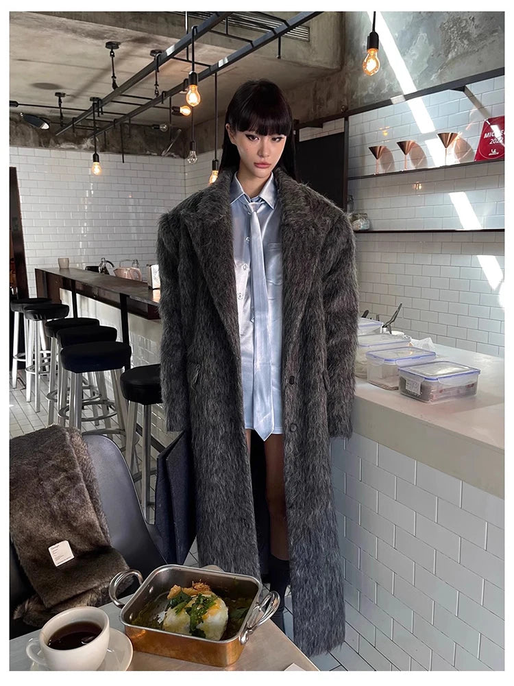 Mauroicardi Autumn Winter Oversized Extra Long Warm Thick Gray Wool & Blends Coat Women Loose Casual Fluffy Korean Fashion 2024