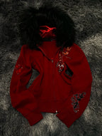 Women Y2K Gothic Zip Up Hoodie Red Faux Fur Collar Embroidery Rhinestone Hooded Jacket Grunge Streetwear Casual Sweatshirt