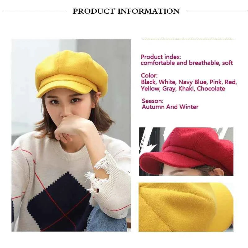 Solid Color Korean Style Woolen Octagonal Hat for Women Autumn/Winter New Style Duckbill Beret, Trendy British Style Painter Hat