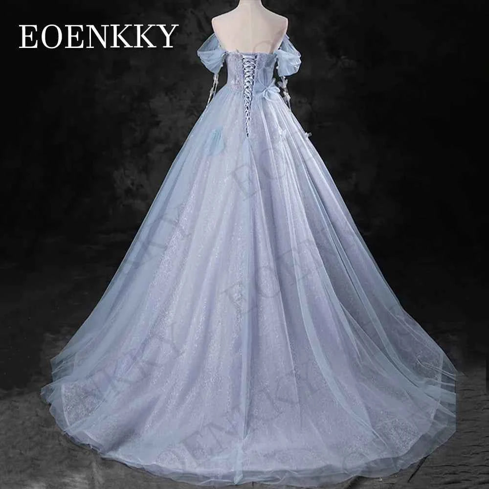 EOENKKY Blue Off Shoulder Princess Prom Dresses Celebrity A Line Pearls 3D Flowers Evening Gown платье на выпускной Customized