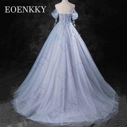 EOENKKY Blue Off Shoulder Princess Prom Dresses Celebrity A Line Pearls 3D Flowers Evening Gown платье на выпускной Customized