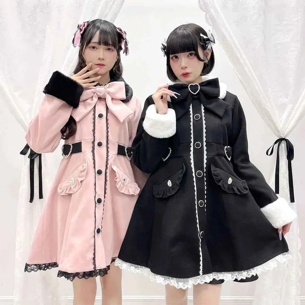 Japanese Sweet Winter Woolen Coat Lolita Style Cute Big Bow Fungus Edge Long Sleeve Slim Kawaii Girls Women Elegant Overcoat