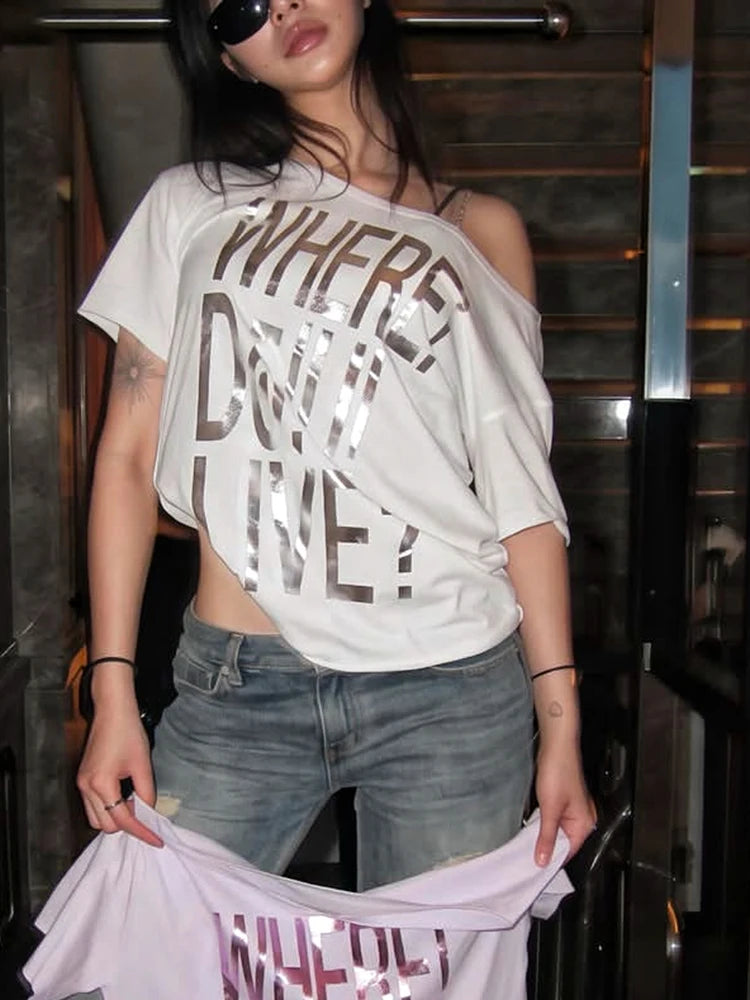 Nibber 2026 Summer New Trend Letter Print t-Shirt Women Skew Collar Leisuremusic Festival Hottie High Street Classic Clubwear