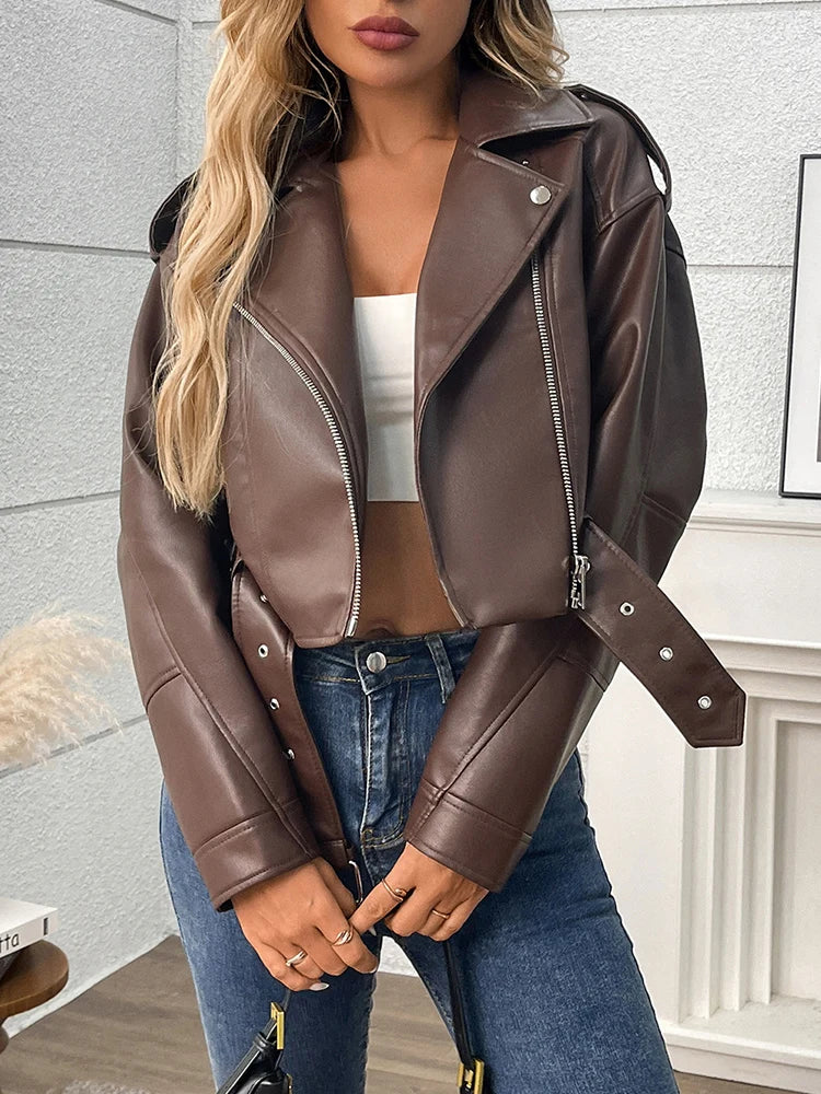 Ailegogo Women's Faux Leather Moto Jacket with Belt
