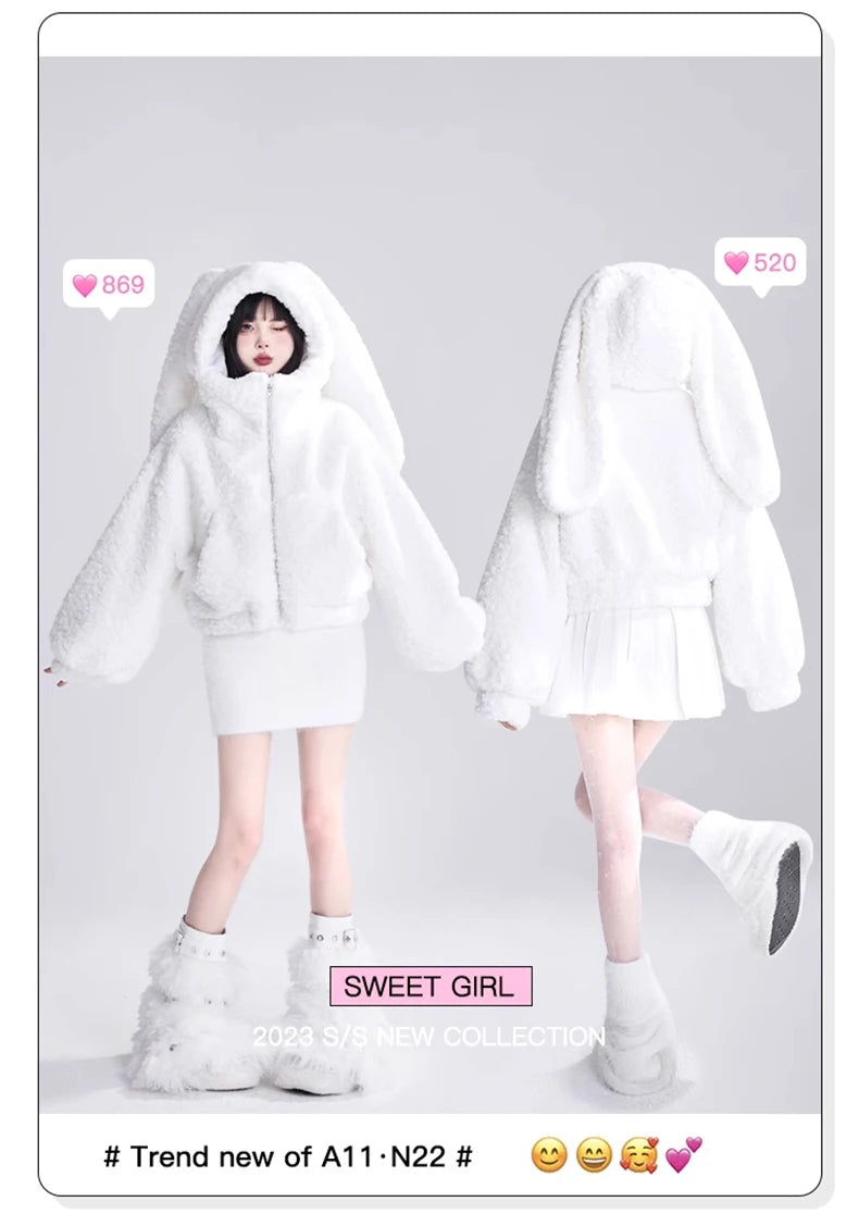 Lautaro Autumn Winter Sweet Cute Lovely Warm Soft White Short Faux Fur Coat Women  with Bunny Ears Fluffy Jacket Hoodie 2023 SS69