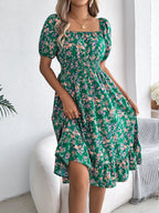 Summer Women's Beach Dress Floral 3D Print Square Neck Short-Sleeved Ladies Waist Ruffled A-Line Dress For Women Holiday Dresses